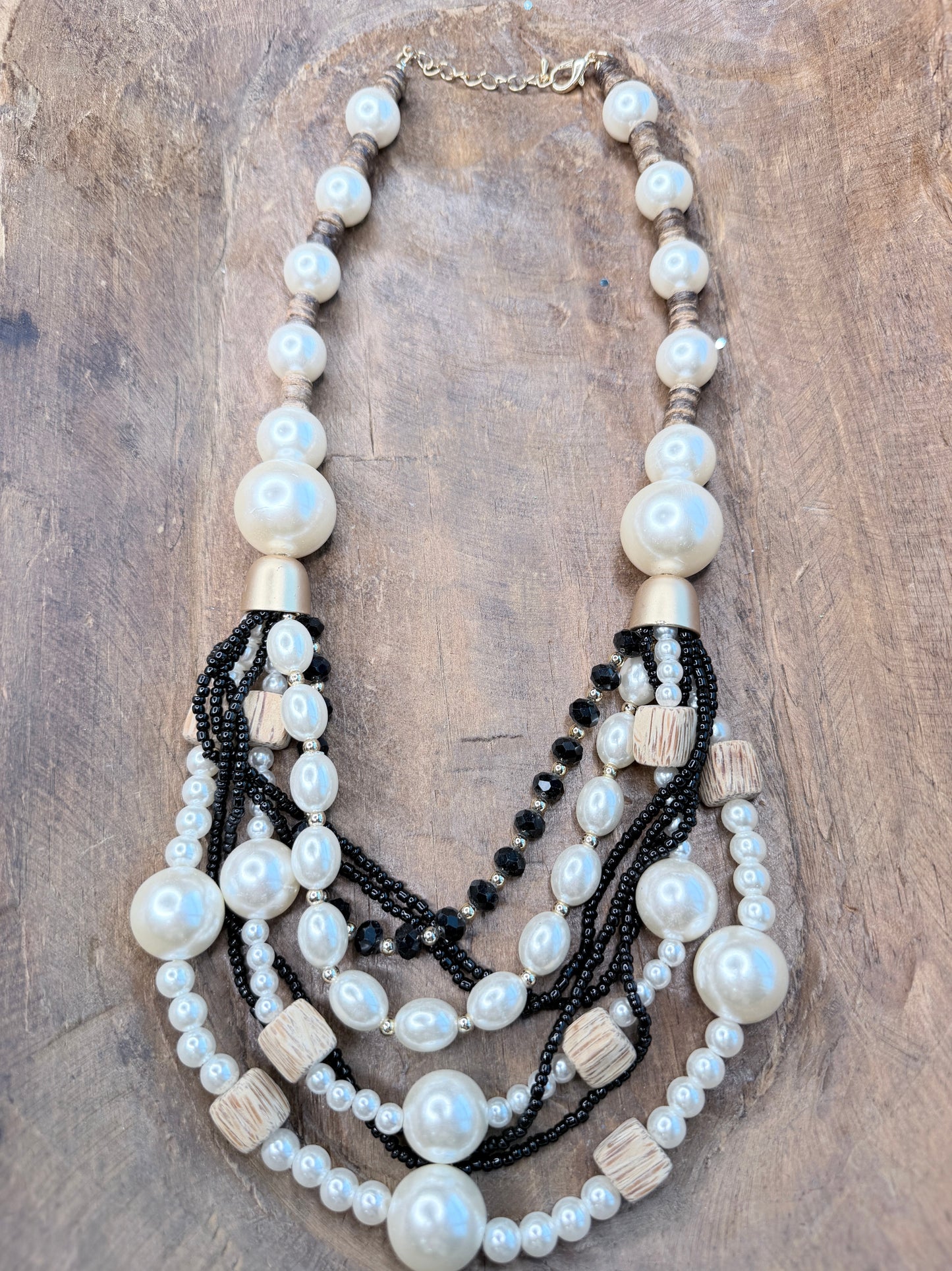 Long Layered Wood and Pearl Necklace