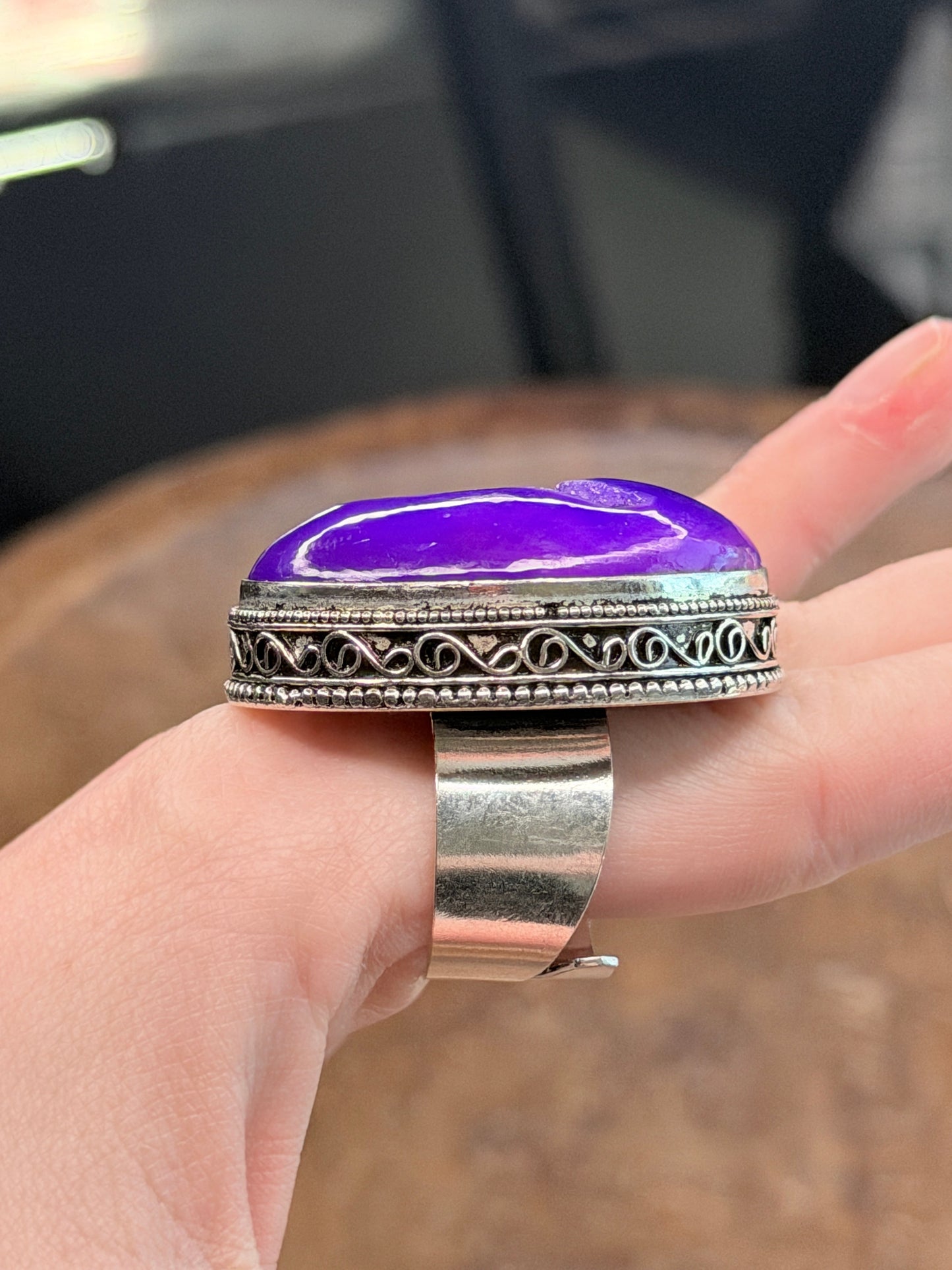 German Silver Druzy Purple Agate Oval Ring