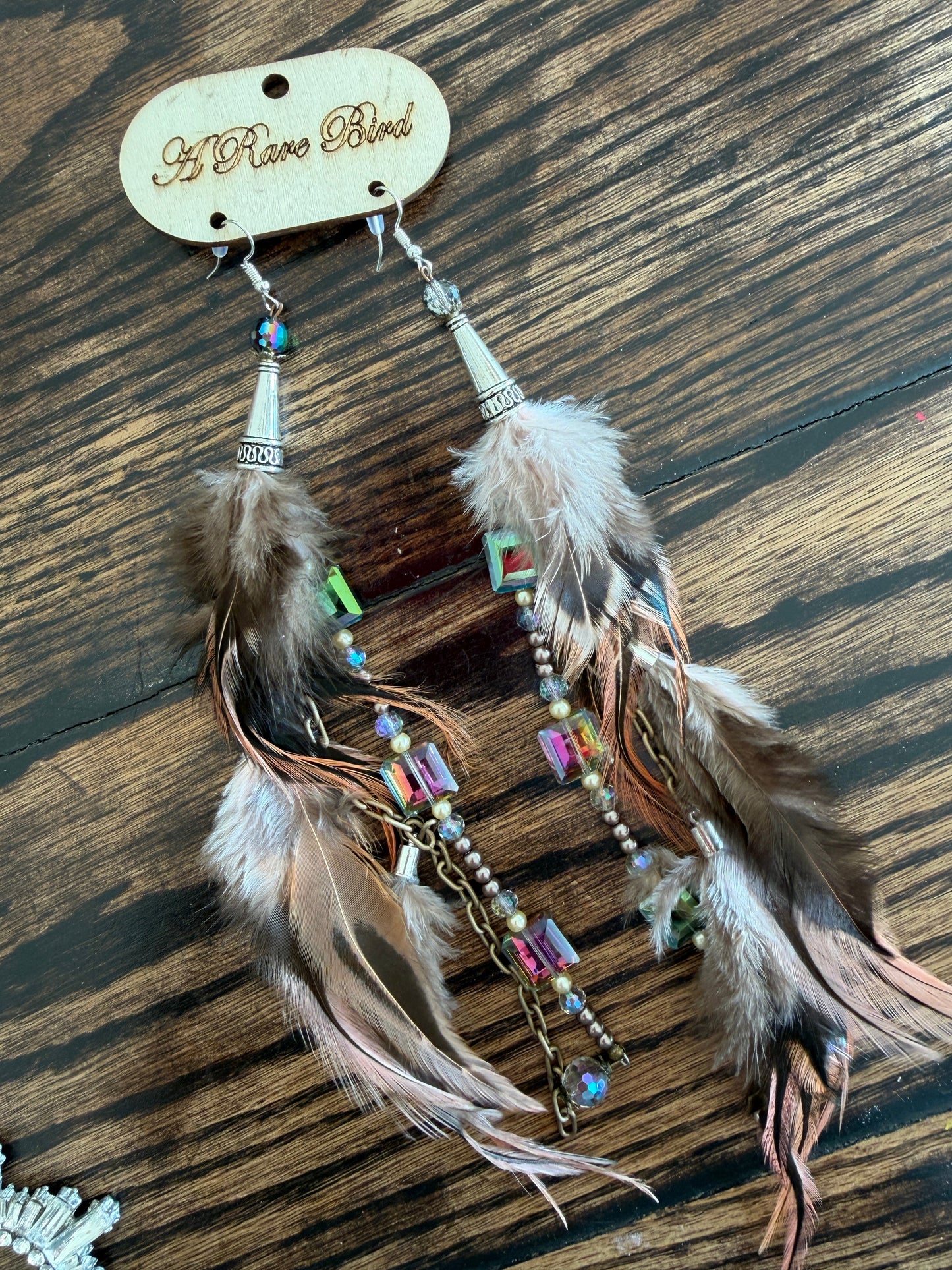 Rare Bird- Long Feather and Rhinestone Bead Earrings