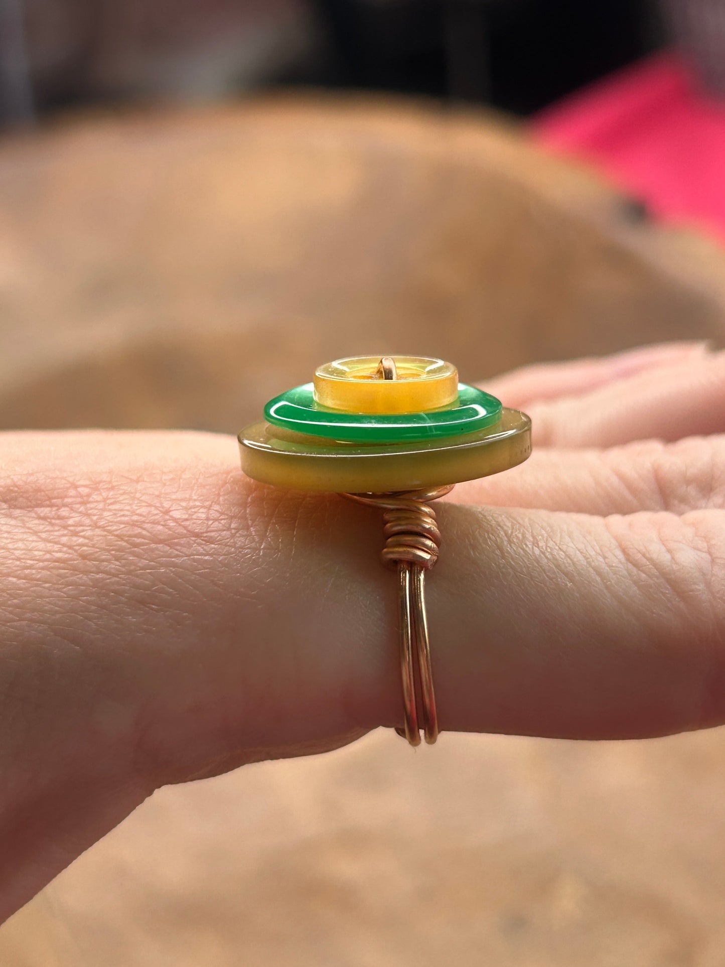 Vintage Button Wire Ring (Green and Gold)