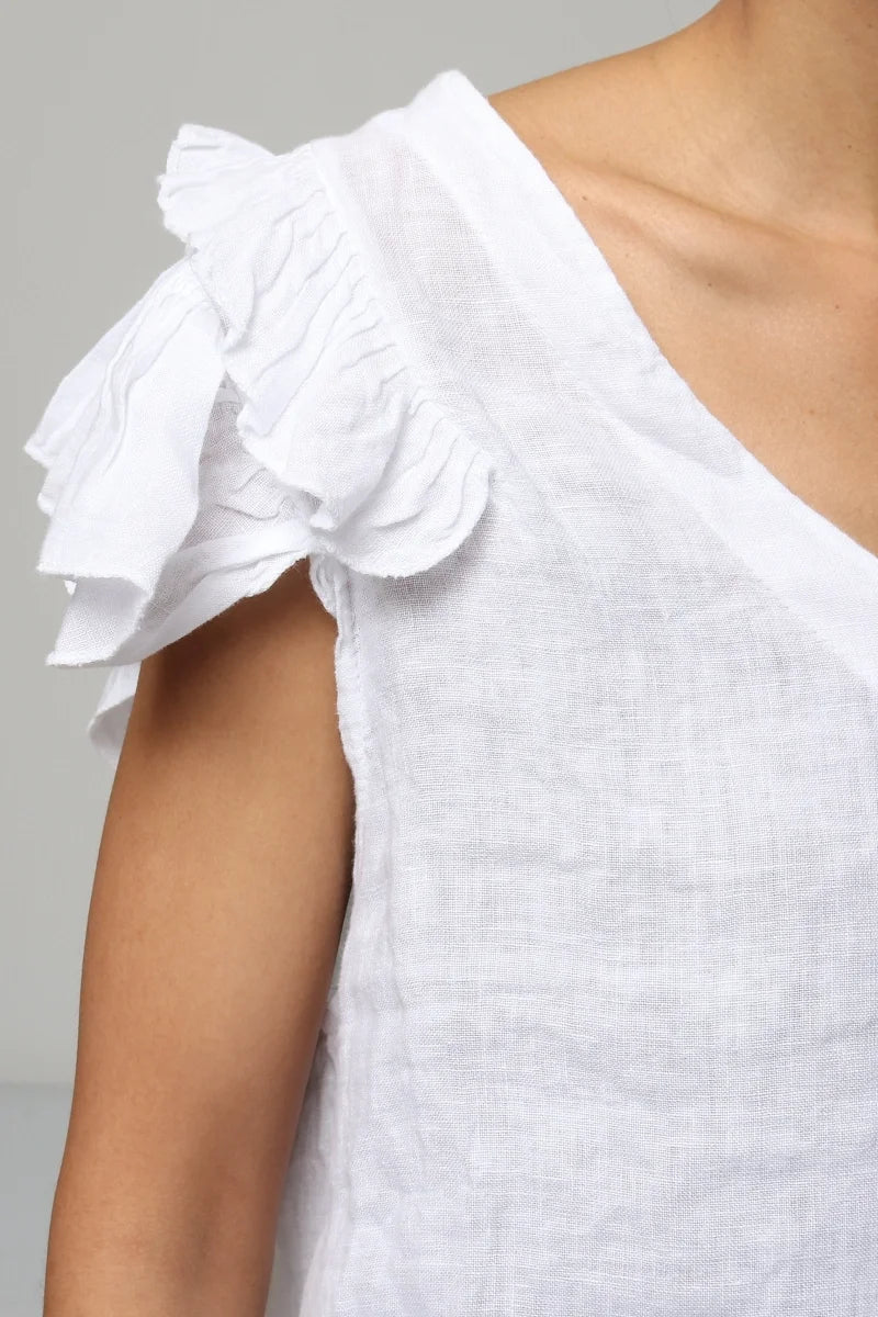 Ruffle Sleeve Linen Top (White)