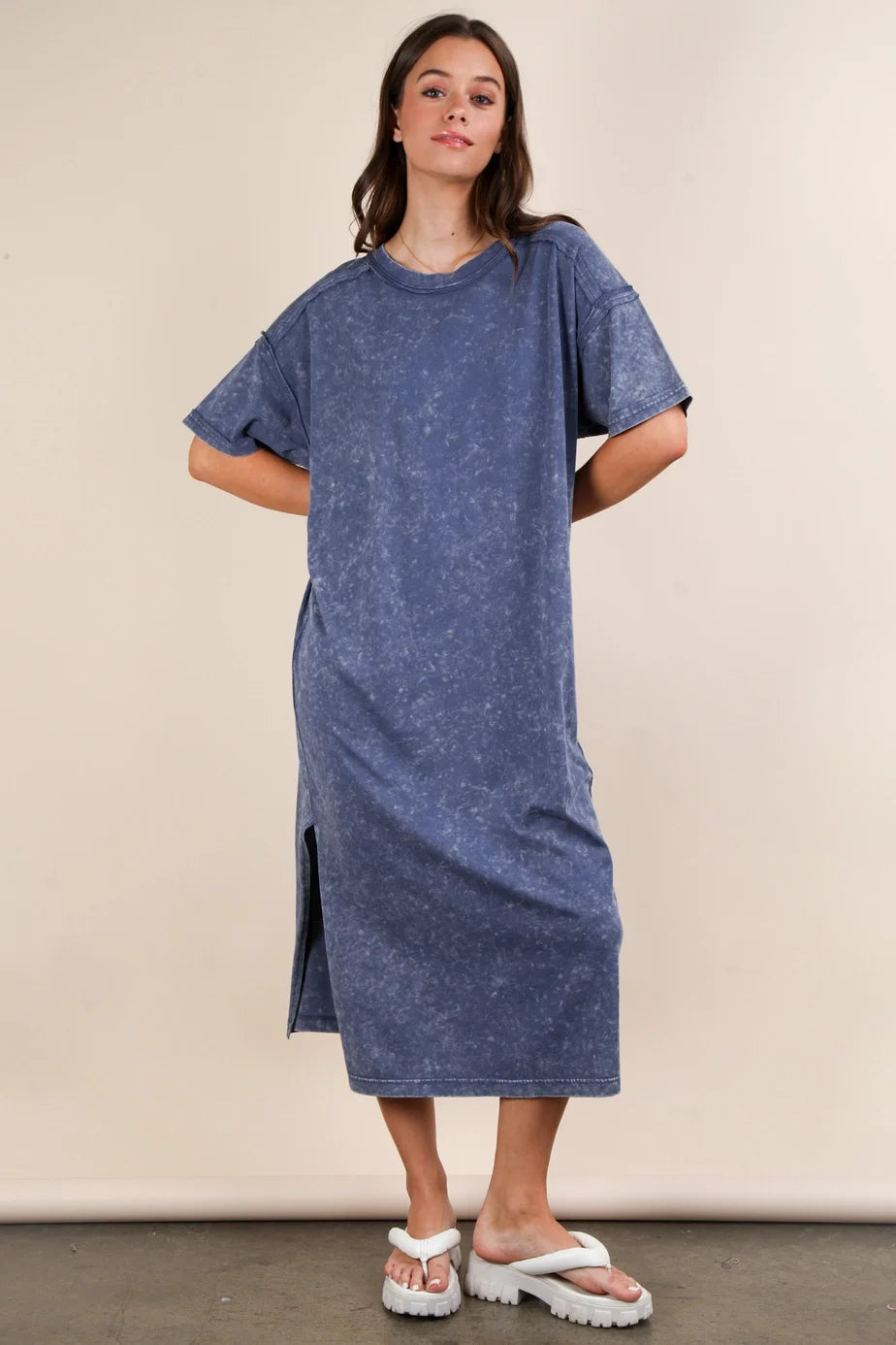 Very J Mineral Washed Casual Comfy Midi Dress Denim *Final Sale*