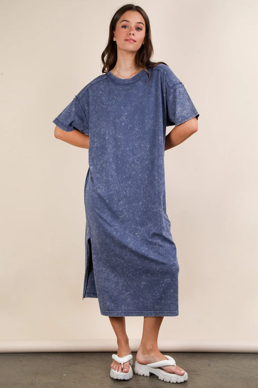Very J Mineral Washed Casual Comfy Midi Dress Denim *Final Sale*