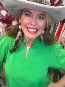 Jodifl- Quarter Sleeve Ruffle Collar Top (Kelly Green)