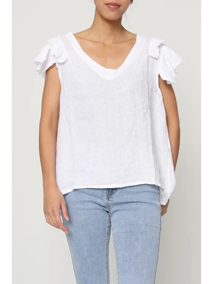 Ruffle Sleeve Linen Top (White)