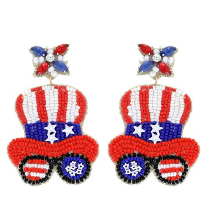 Beaded Fourth of July Patriotic Gear Earrings