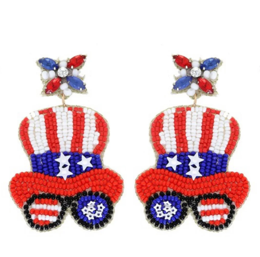 Beaded Fourth of July Patriotic Gear Earrings