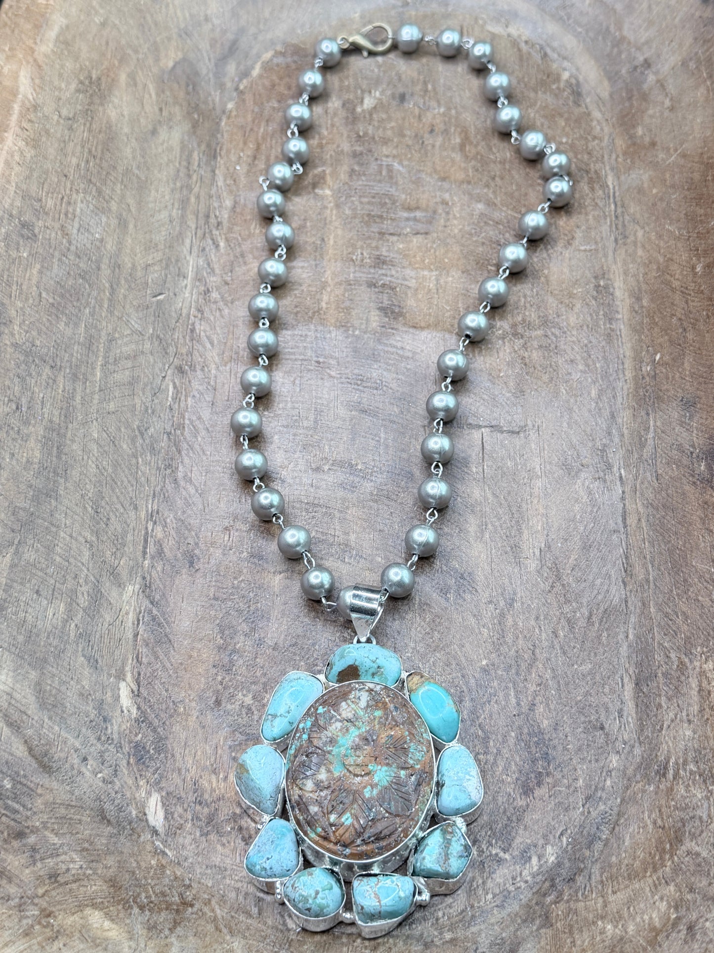 German Silver Carved Turquoise Cluster Necklace