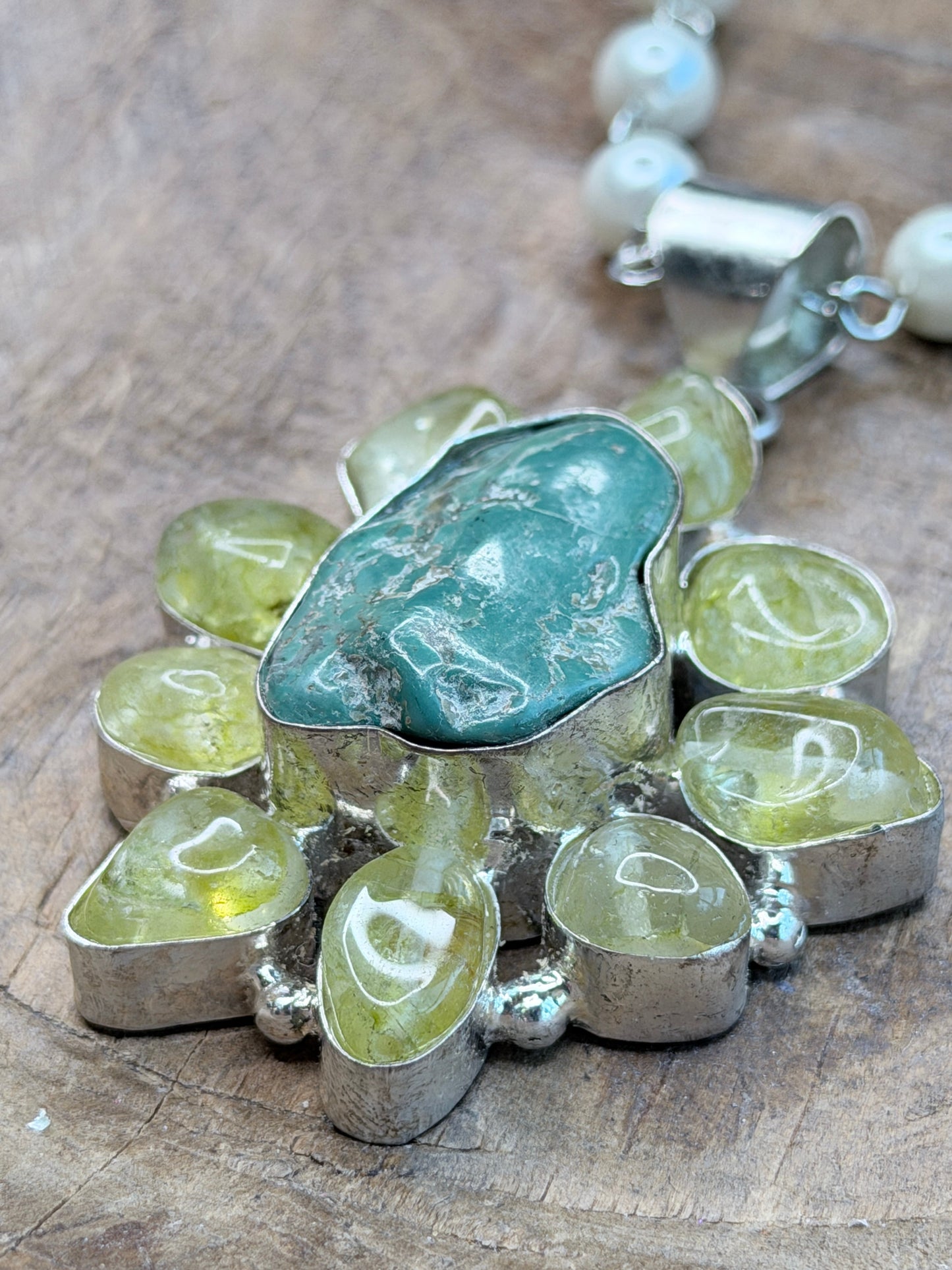 German Silver Moss Prehnite and Turquoise Necklace