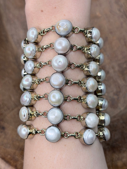 German Silver Linked Freshwater Pearl Bracelet