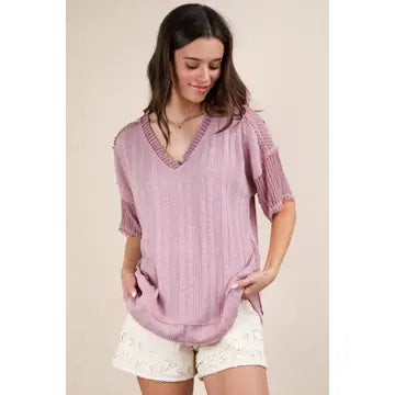 Very J Oversized Contrast Knit Comfy Casual Top in Blush *Final Sale*