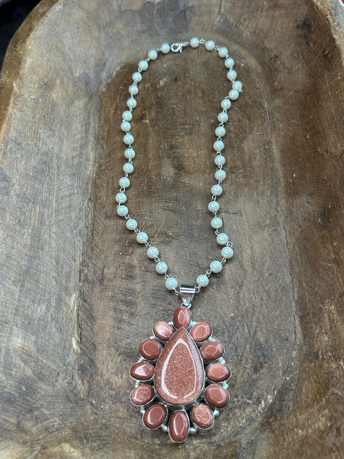German Silver Goldstone Cluster Necklace C