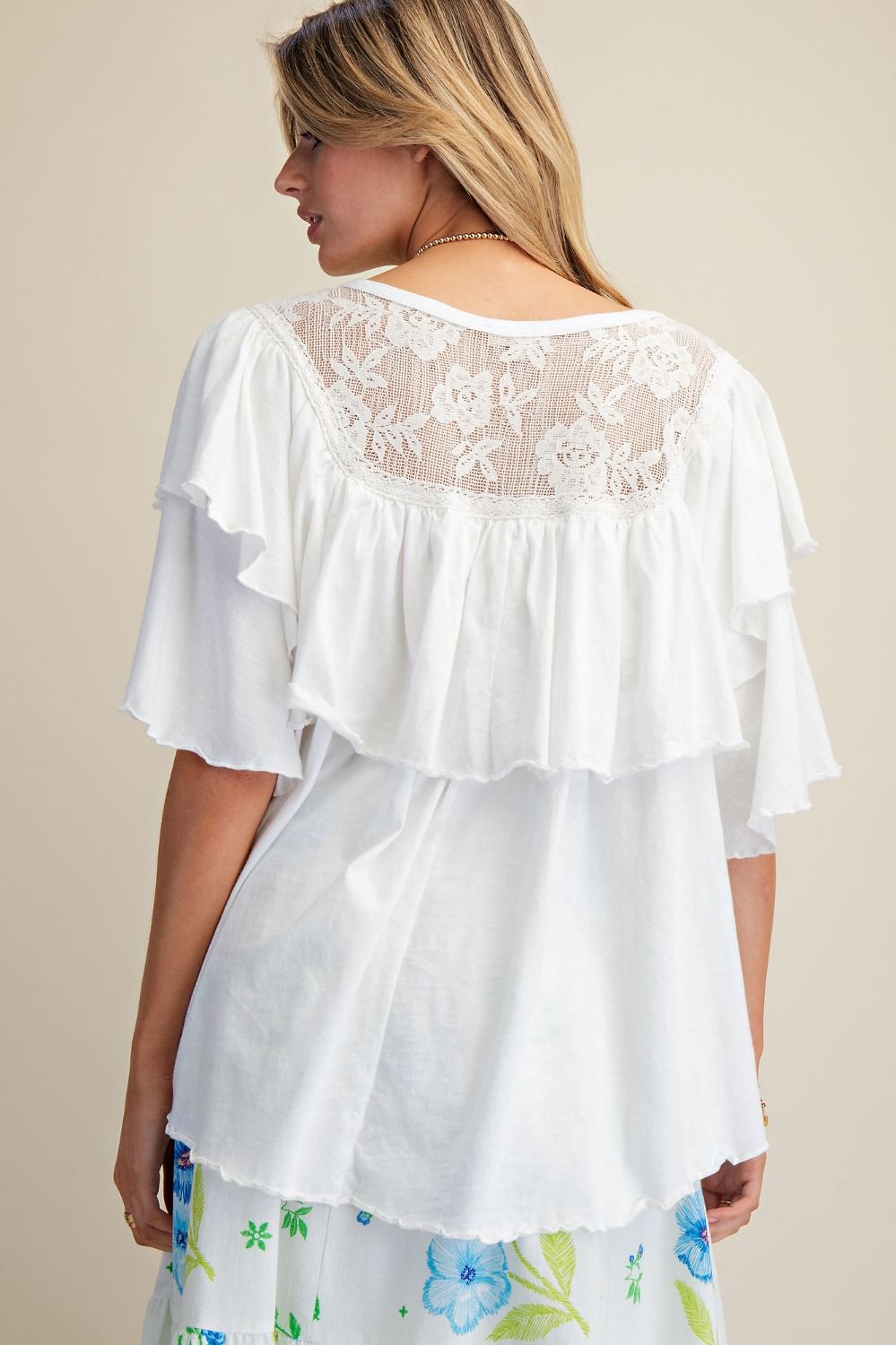 EASEL - Double Wings Sleeves Washed Ruffle Top (Off White)