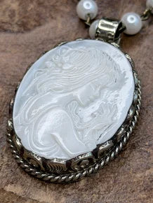 Tibetan Silver Pearl Carved Lady Cameo Necklace