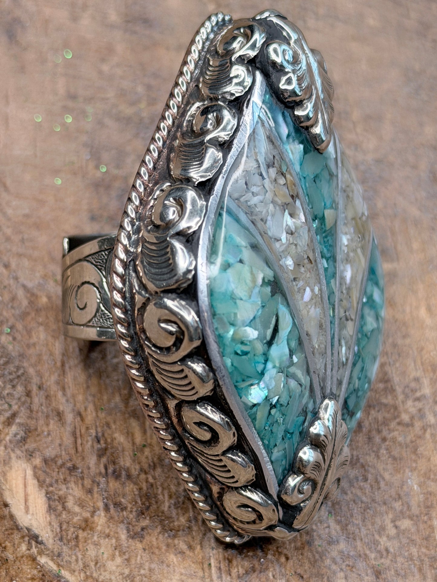 Tibetan Silver Large Blue and White Pearl Chip Ring