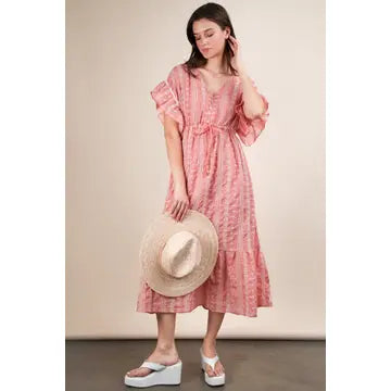 Very J Embroidered Boho Ruffled Midi Dress in Peach *Final Sale*