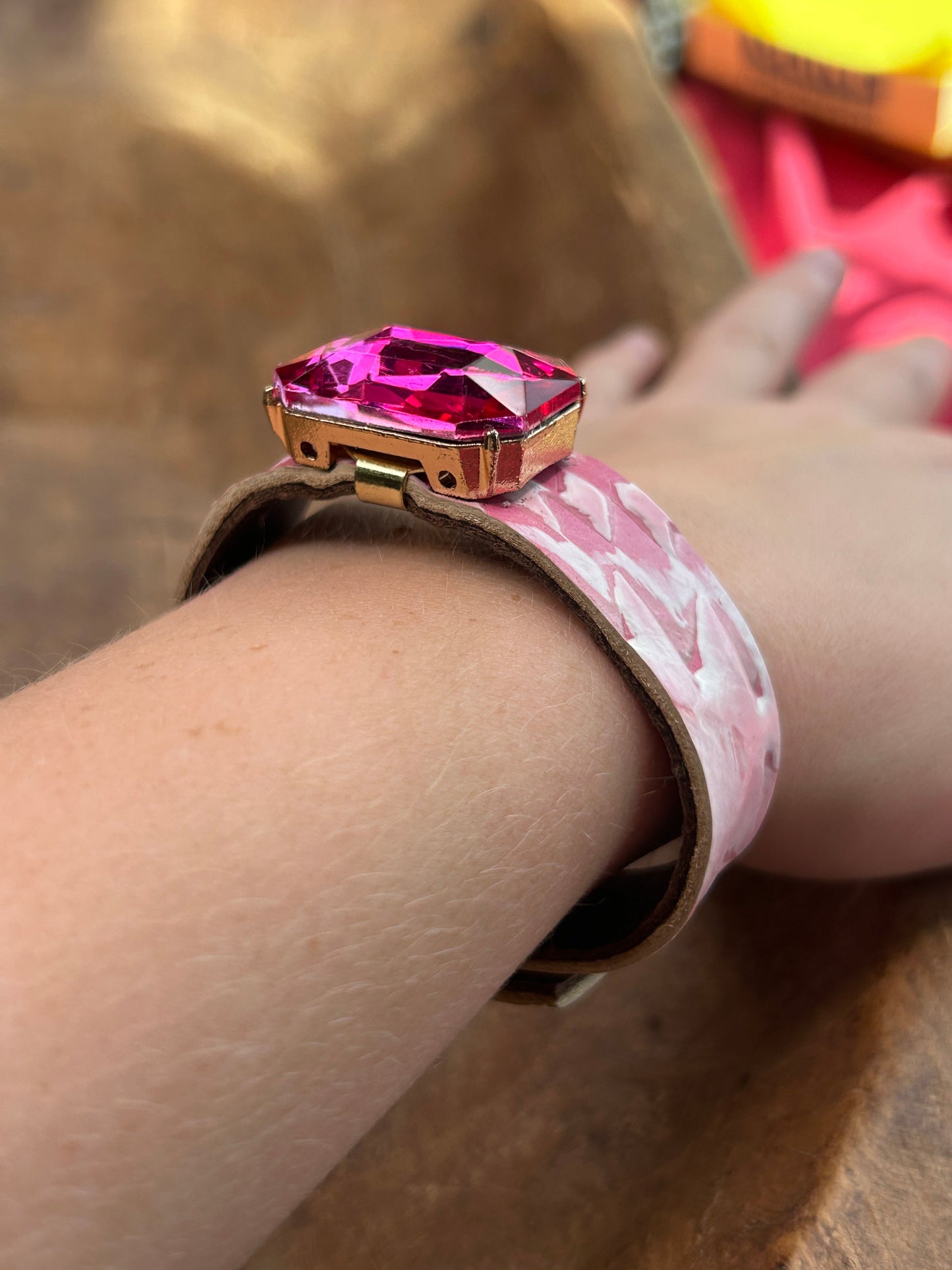 Sandra Ling Designs- Pink Leather and Rhinestone Bracelet