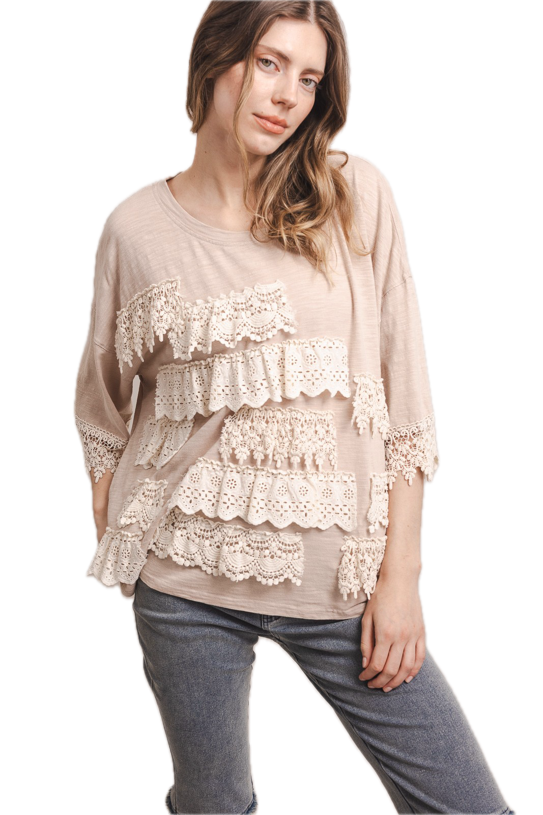 Blue Velvet- 3/4 Sleeve Crochet Work Shirt