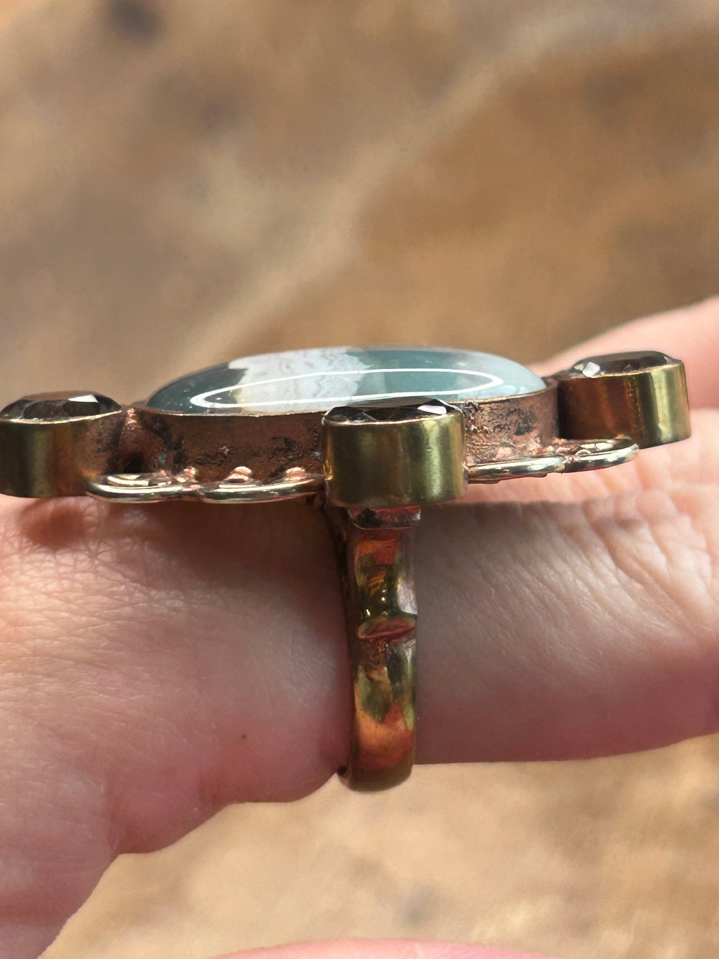 German Silver Banded Agate and Quartz Ring