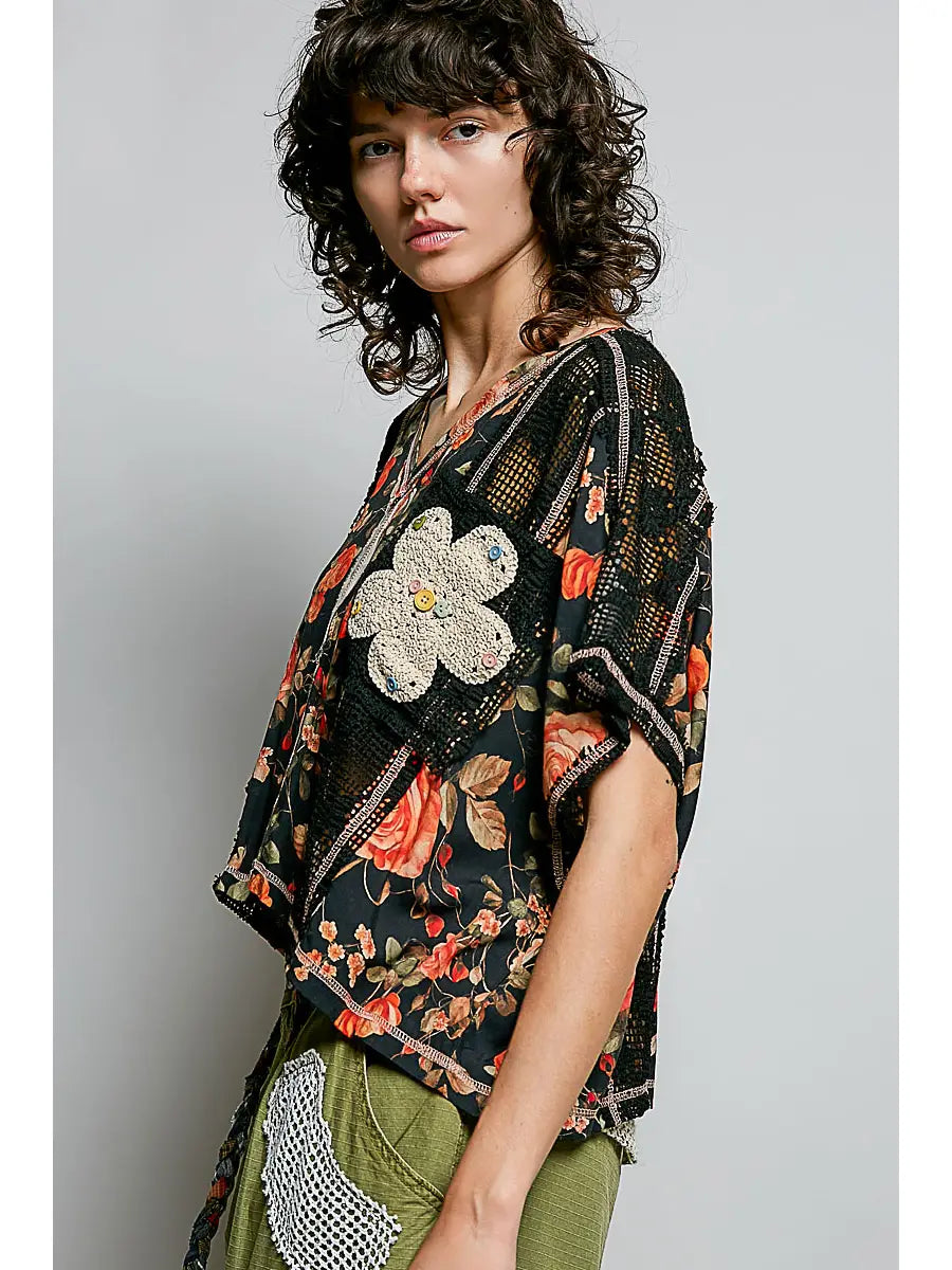 POL- V-Neck Crochet Patch Knit Top (Black/Floral)