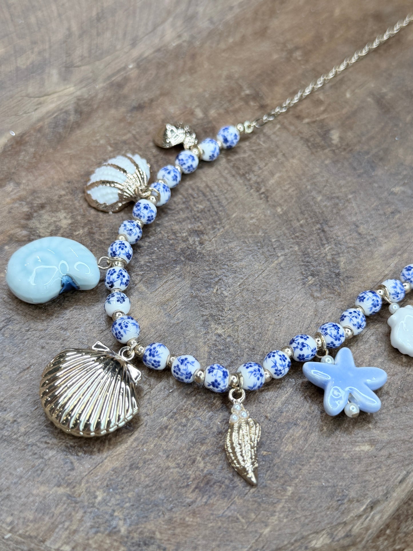 Gold and Blue China Shell Charm Necklace