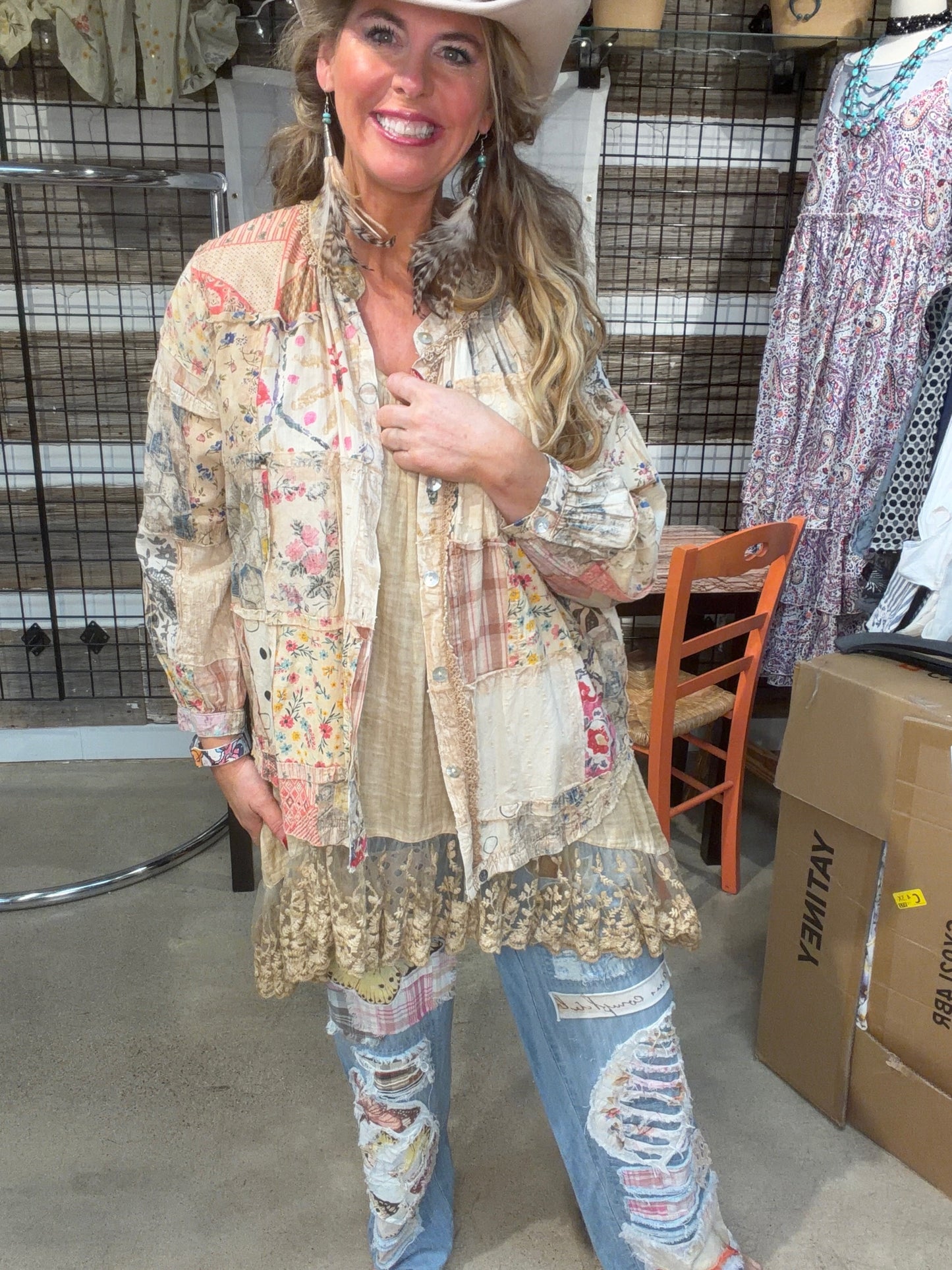 Paper Lace- Floral Plaid Patchwork Top (Natural) (PREORDER) *Final Sale*