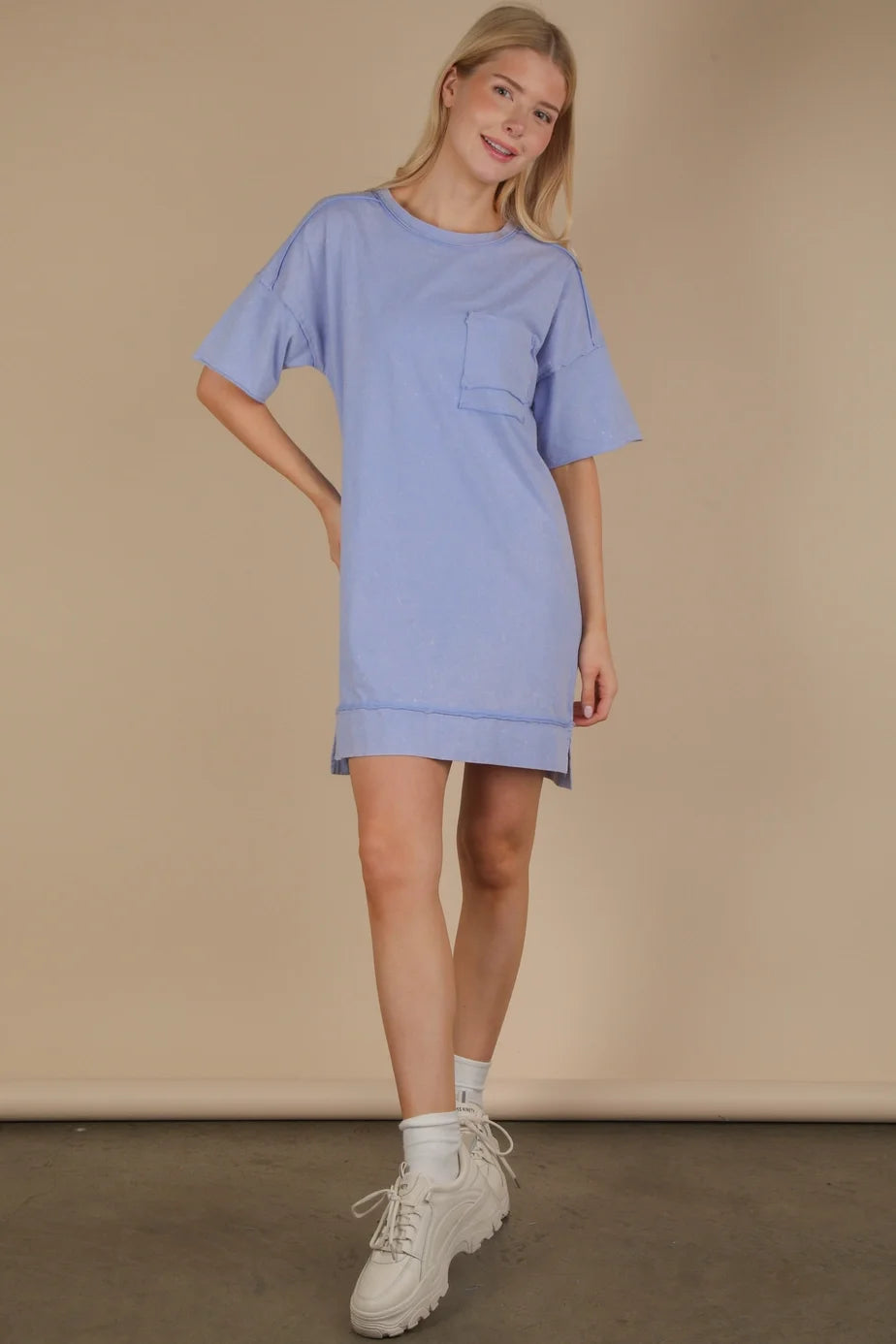 Very J Mineral Washed Knit Oversized Shift Mini Dress Blue *Final Sale*