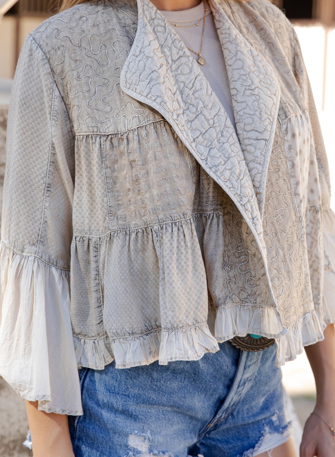 Ruffle Bell Sleeve Embroidered Top (Latte) *Final Sale*