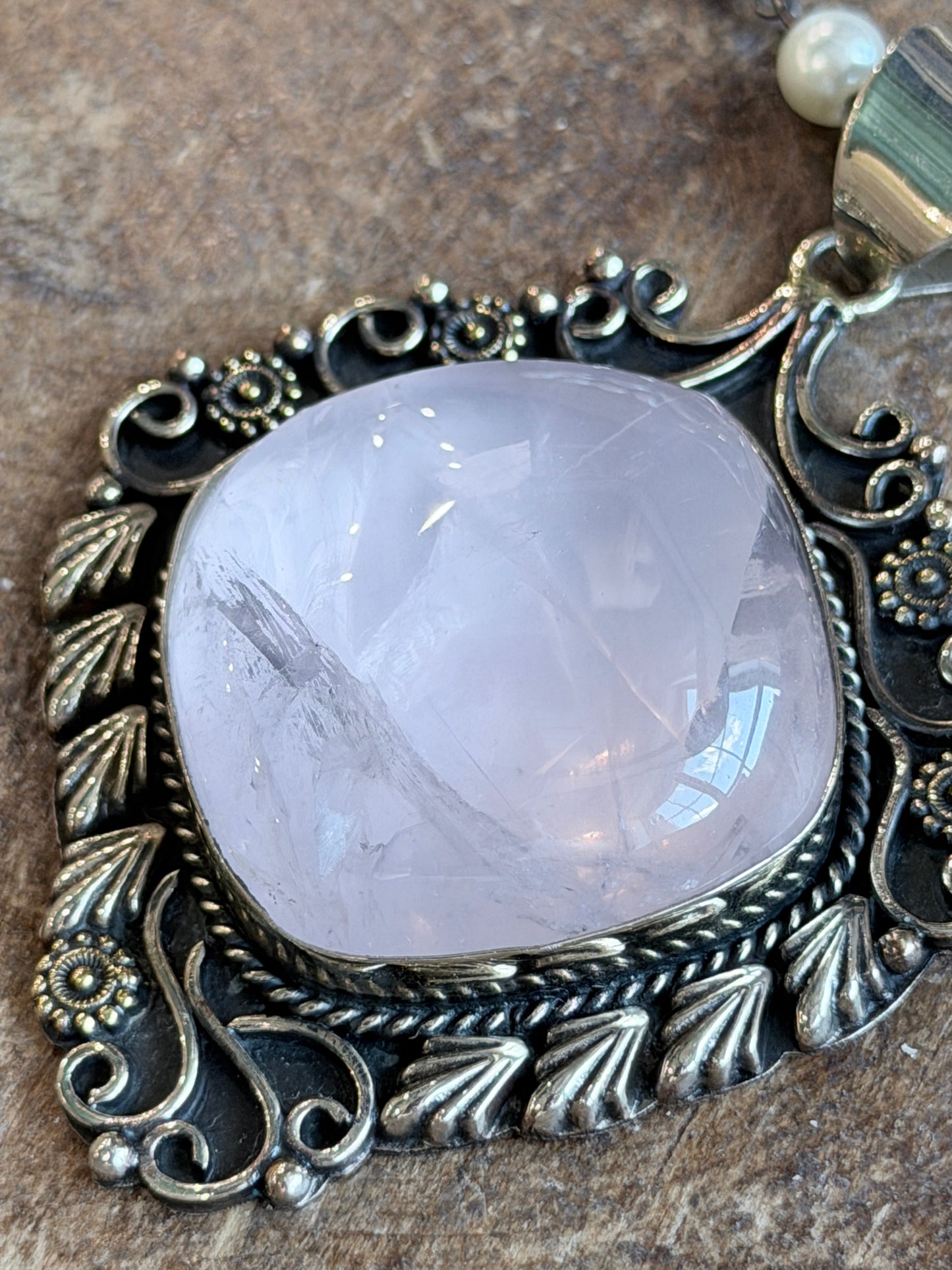 German Silver Embellished Rose Quartz Necklace