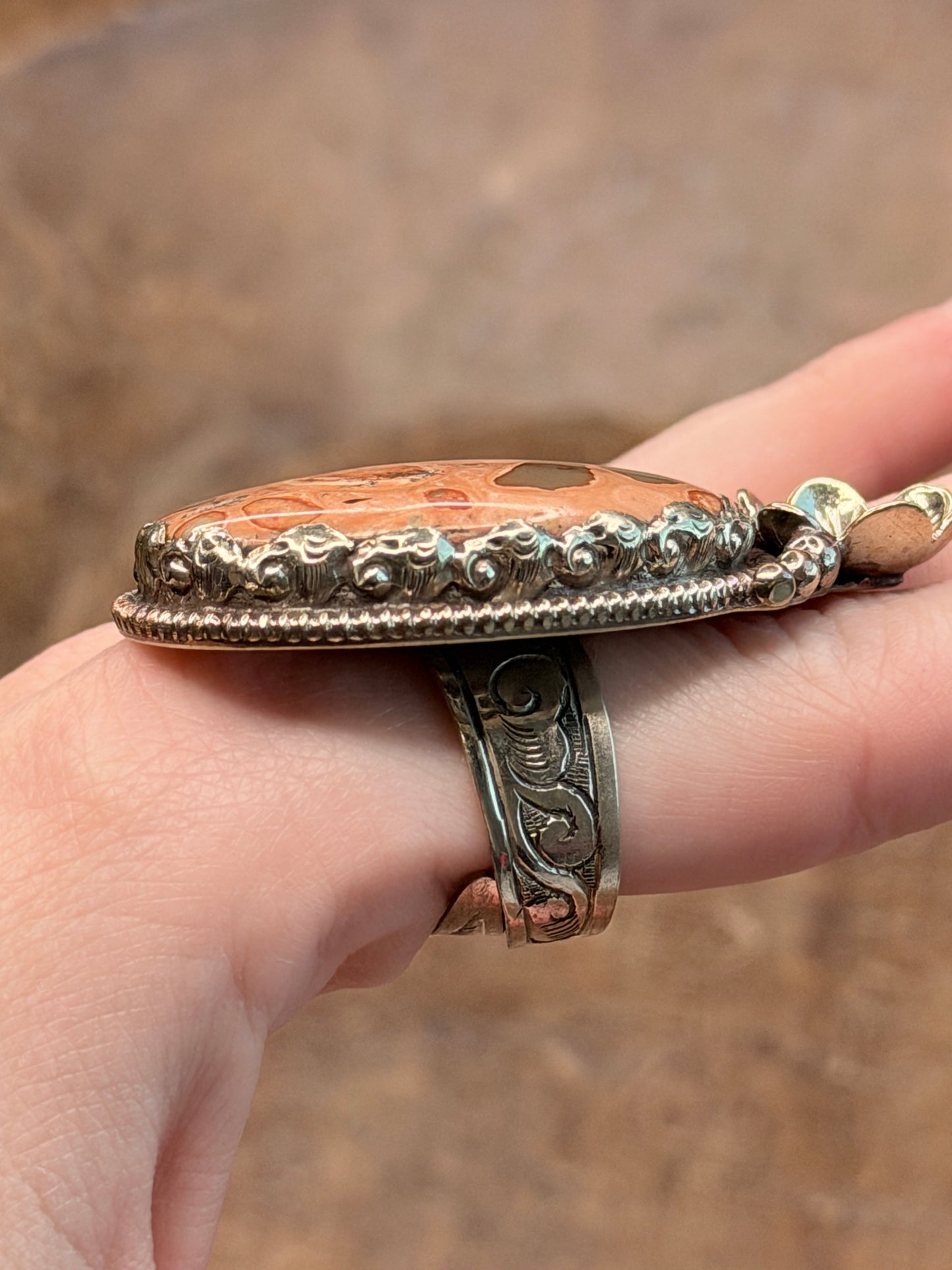 Tibetan Silver Leopard Skin Jasper Oval Ring