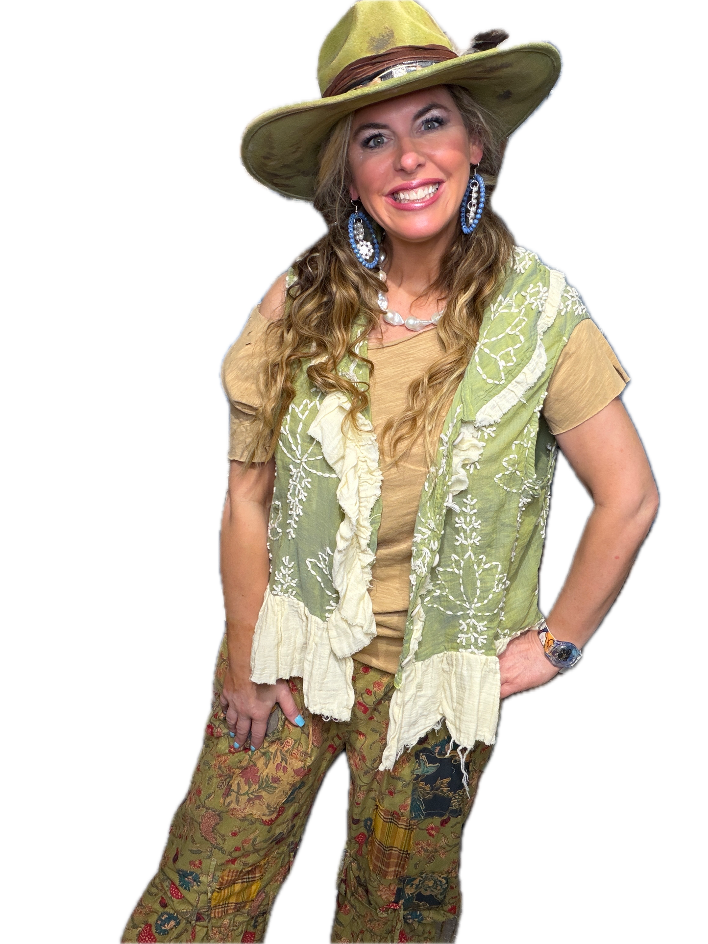 A Rare Bird- Embroidered Ruffle Vest (Green)