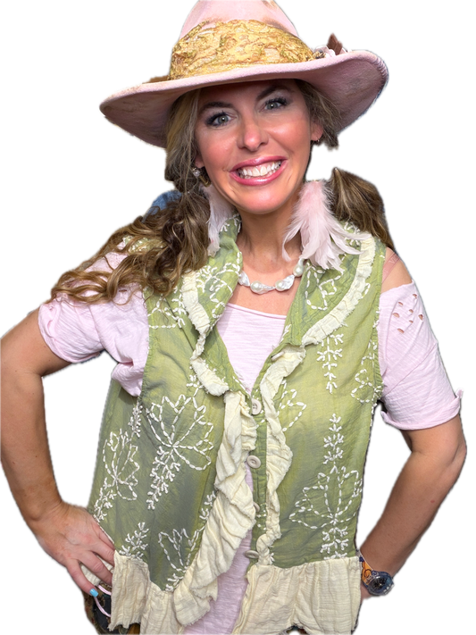 A Rare Bird- Embroidered Ruffle Vest (Green)