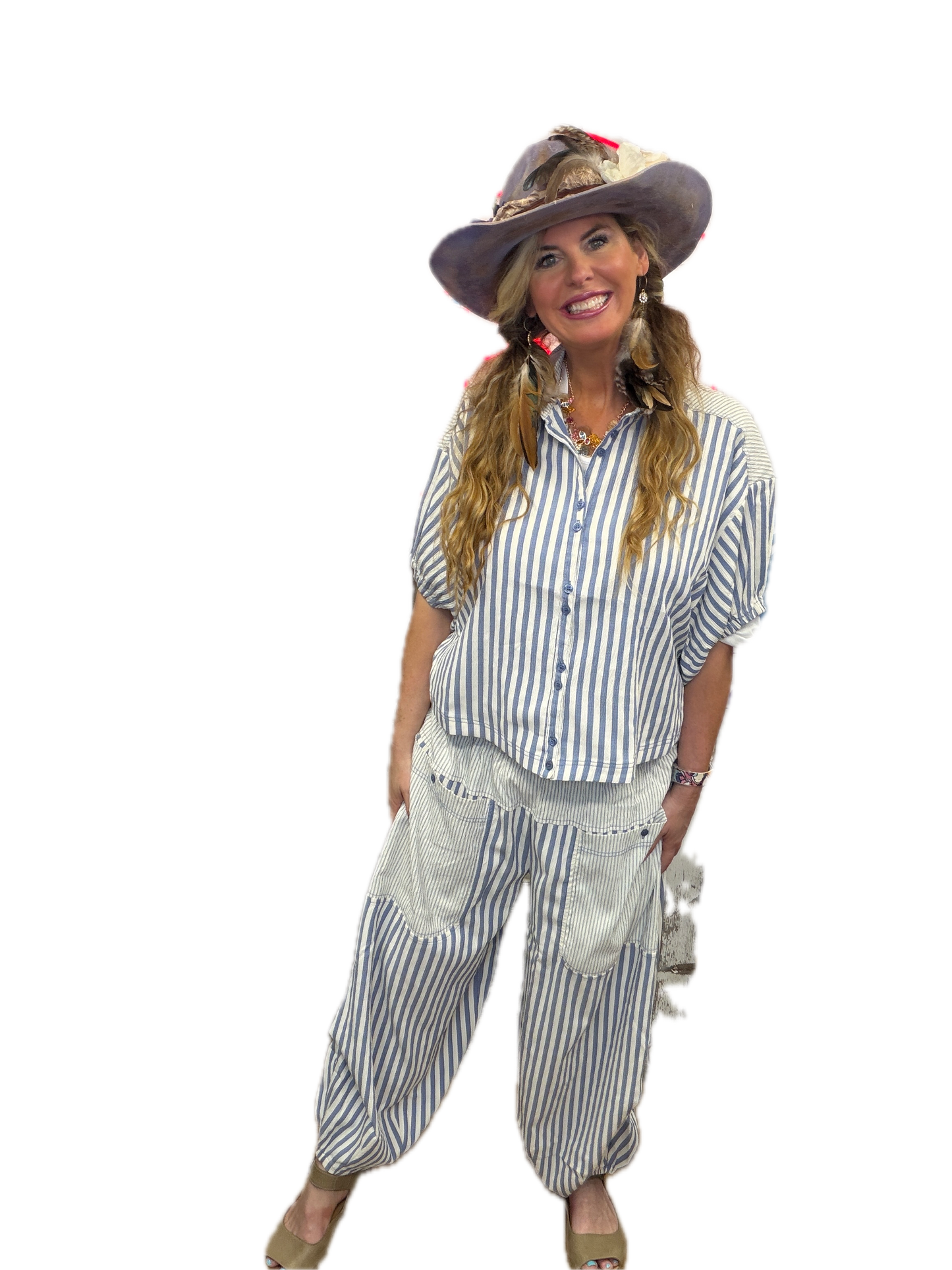 Boxy Striped Button Down Shirt (Denim/Blue)