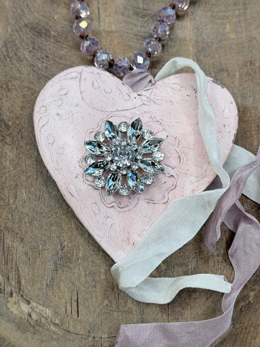 A Rare Bird- Pink Metal and Crystal Heart Necklace