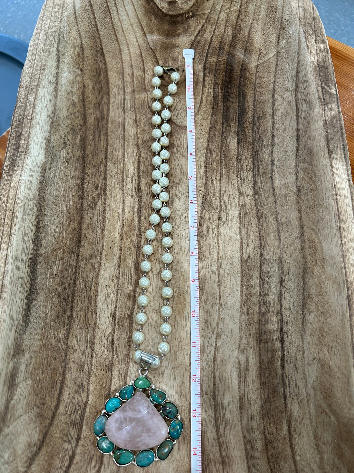 Rose Quartz and Turquoise Necklace on Pearl Chain