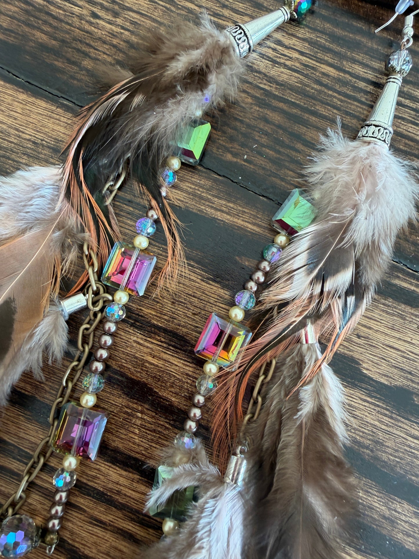 Rare Bird- Long Feather and Rhinestone Bead Earrings