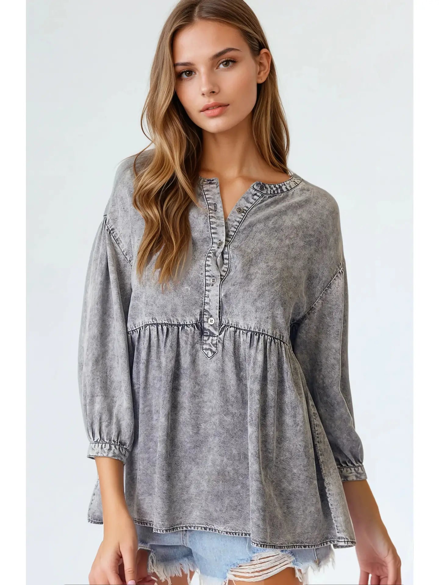 Babydoll Mandarin Collar Top (Black Denim)