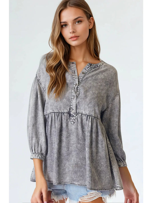 Babydoll Mandarin Collar Top (Black Denim)