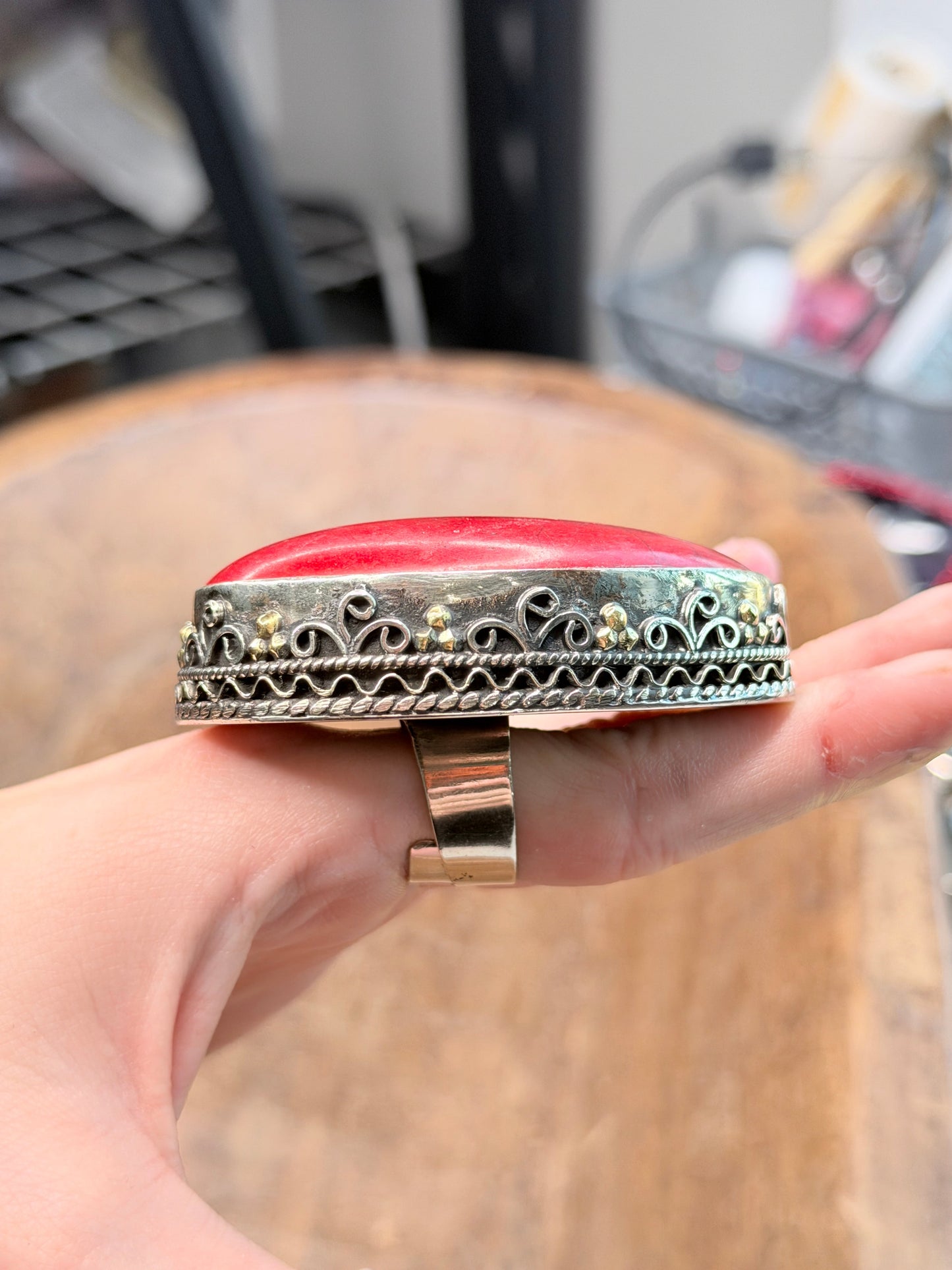 German Silver Large Coral Teardrop Ring