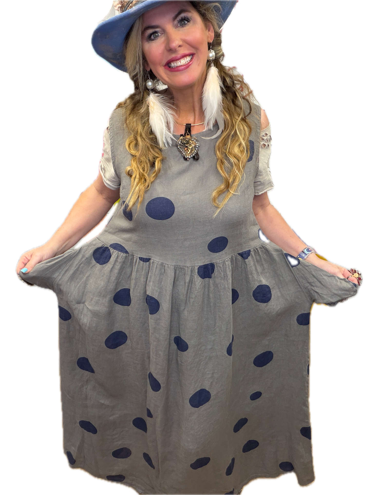 Polka Dot Linen Dress (Taupe)