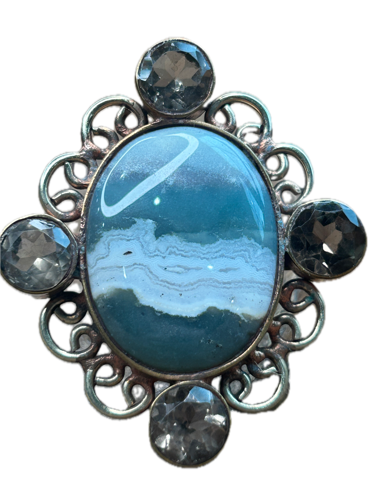 German Silver Banded Agate and Quartz Ring