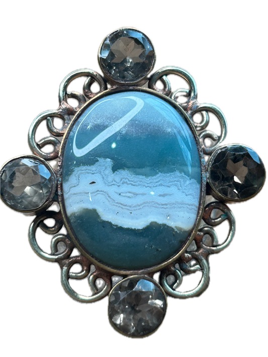 German Silver Banded Agate and Quartz Ring
