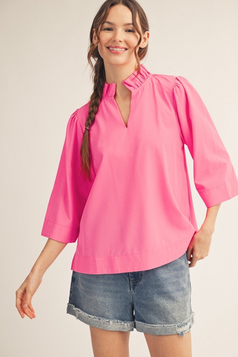 Jodifl- Ruffled Neck Crinkle Solid Top (Hot Pink)