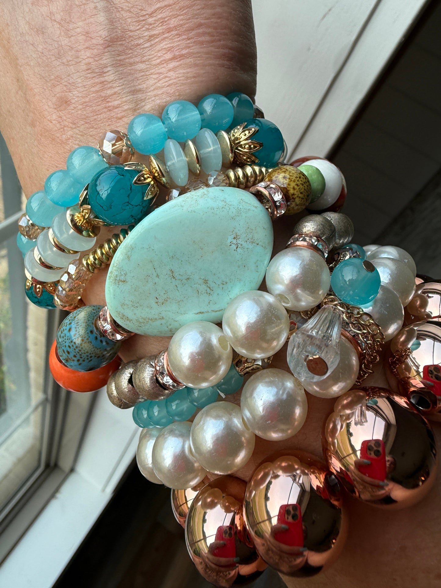 Electric Teal and Pearl Bracelet Stack