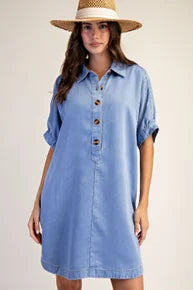 EASEL - Washed Front Button Shirt Dress (Denim)