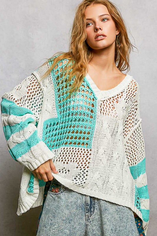 POL- Color Block V-Neck Sweater (Aqua) PREORDER *Final Sale*