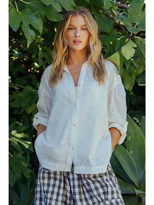 Washed Eyelet Button-Up Top (White)