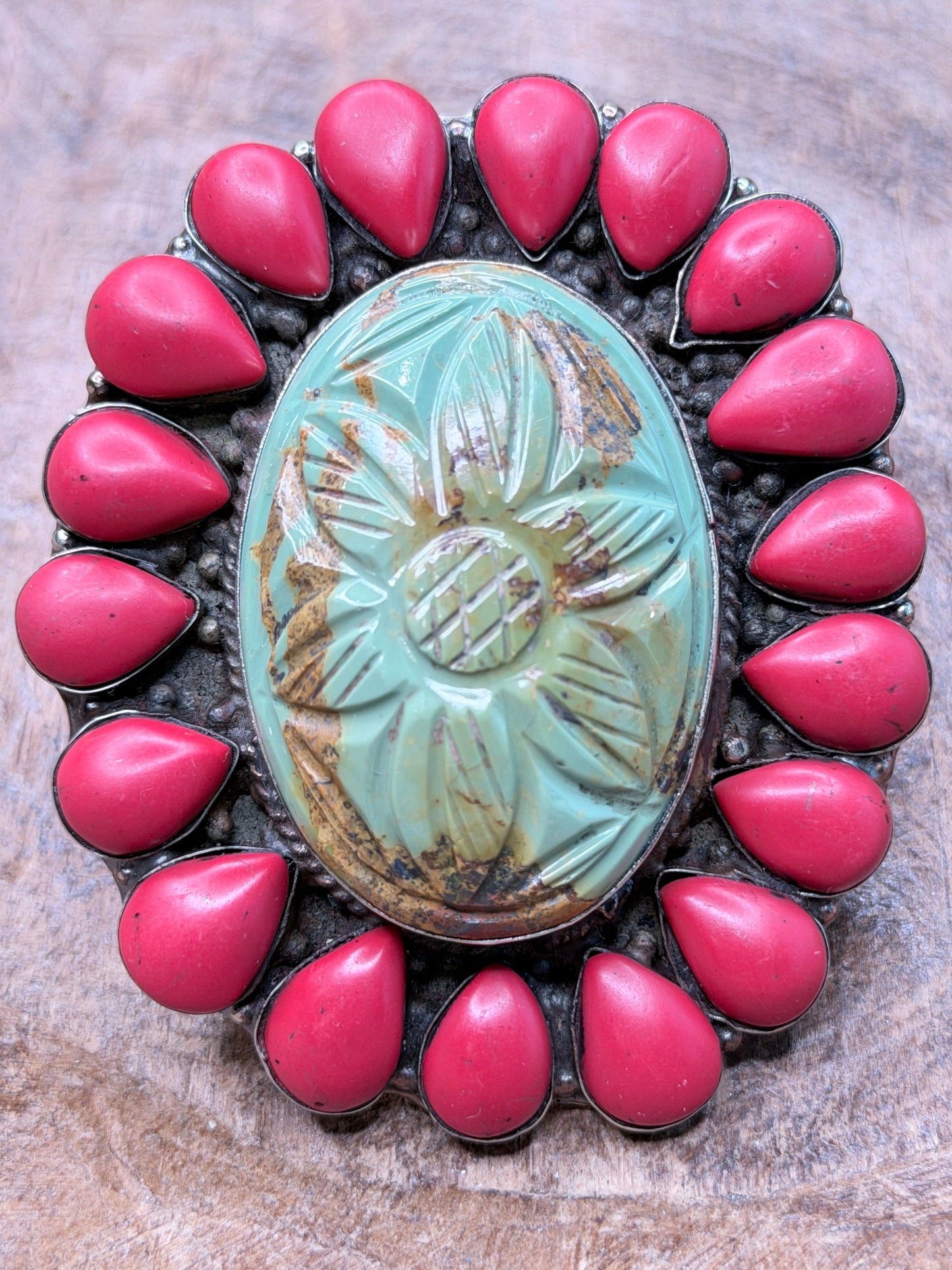 German Silver Carved Turquoise and Coral Ring