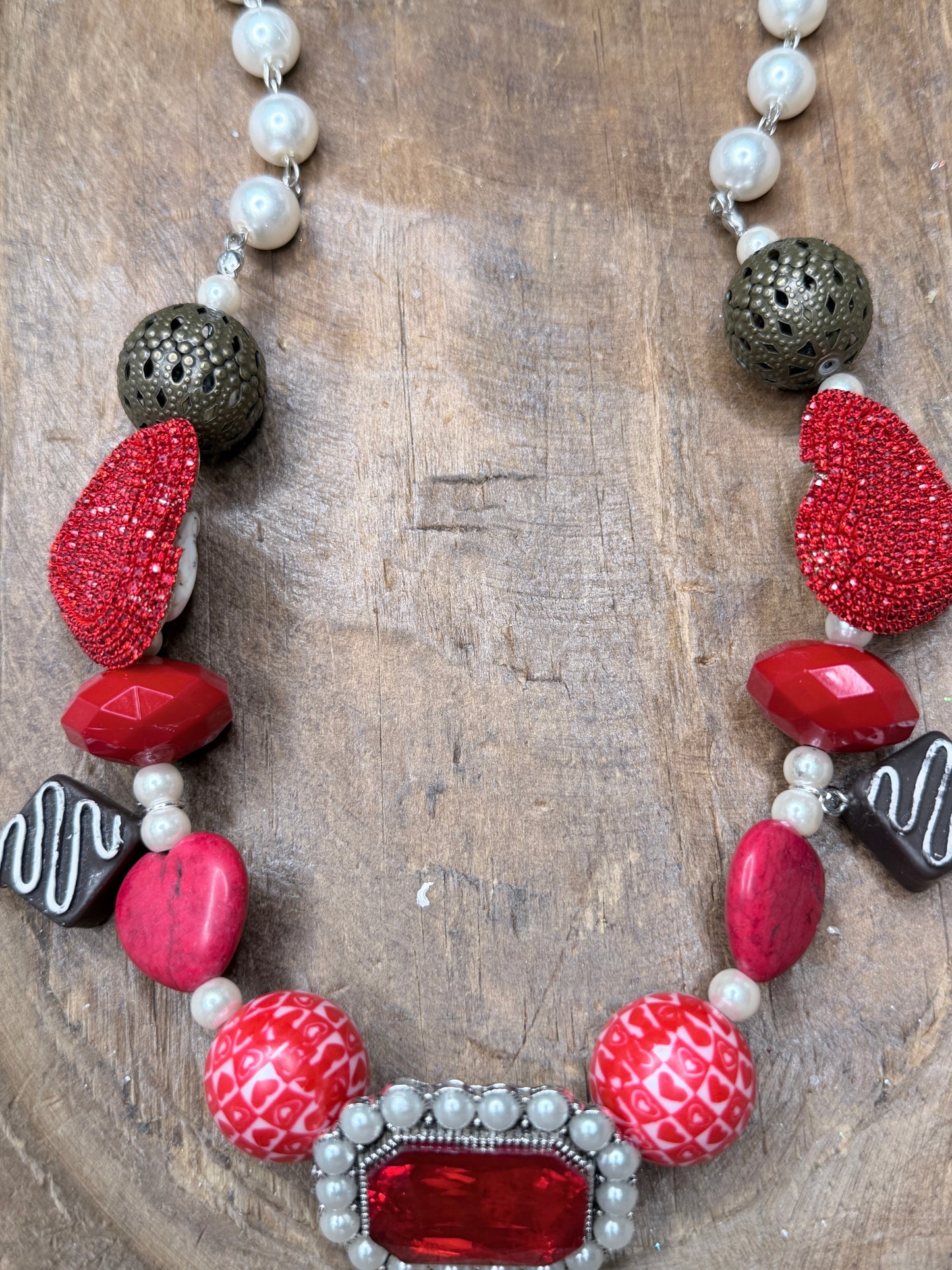 Red Rhinestone and Pearl Chocolate Necklace- ERR ORIGINAL