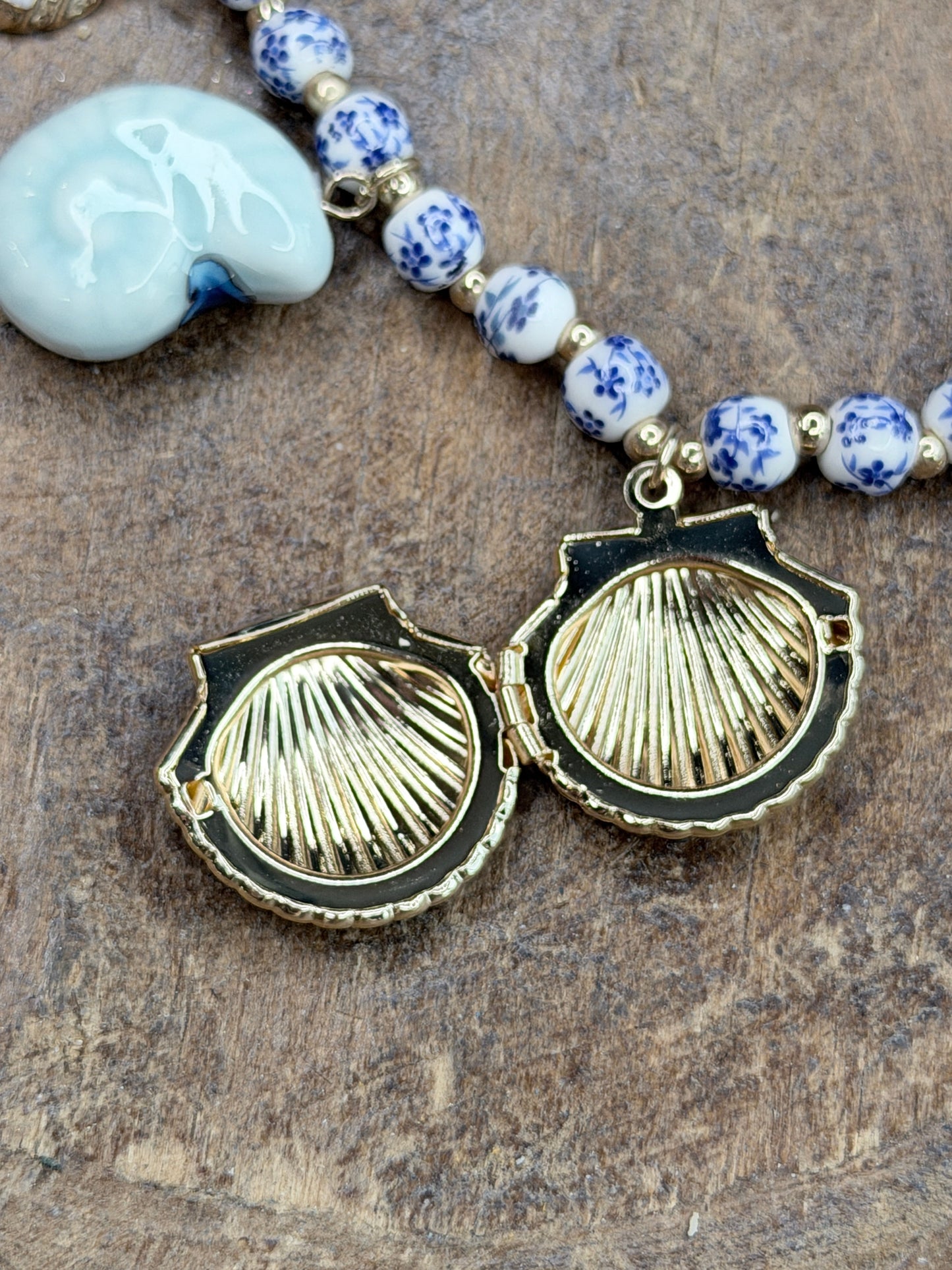 Gold and Blue China Shell Charm Necklace